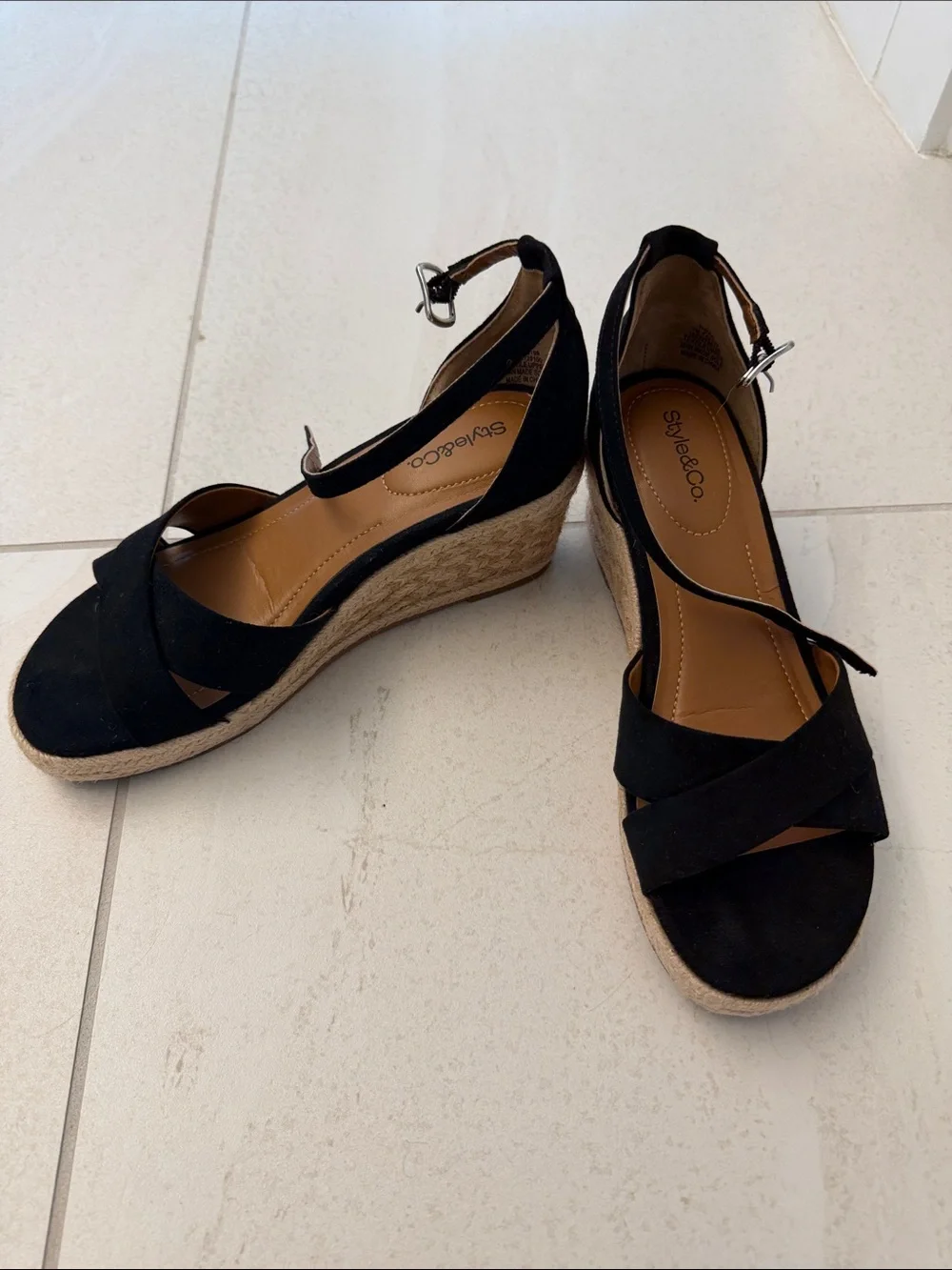 Style & Co. Black Espadrille Wedge Sandals with Ankle Strap